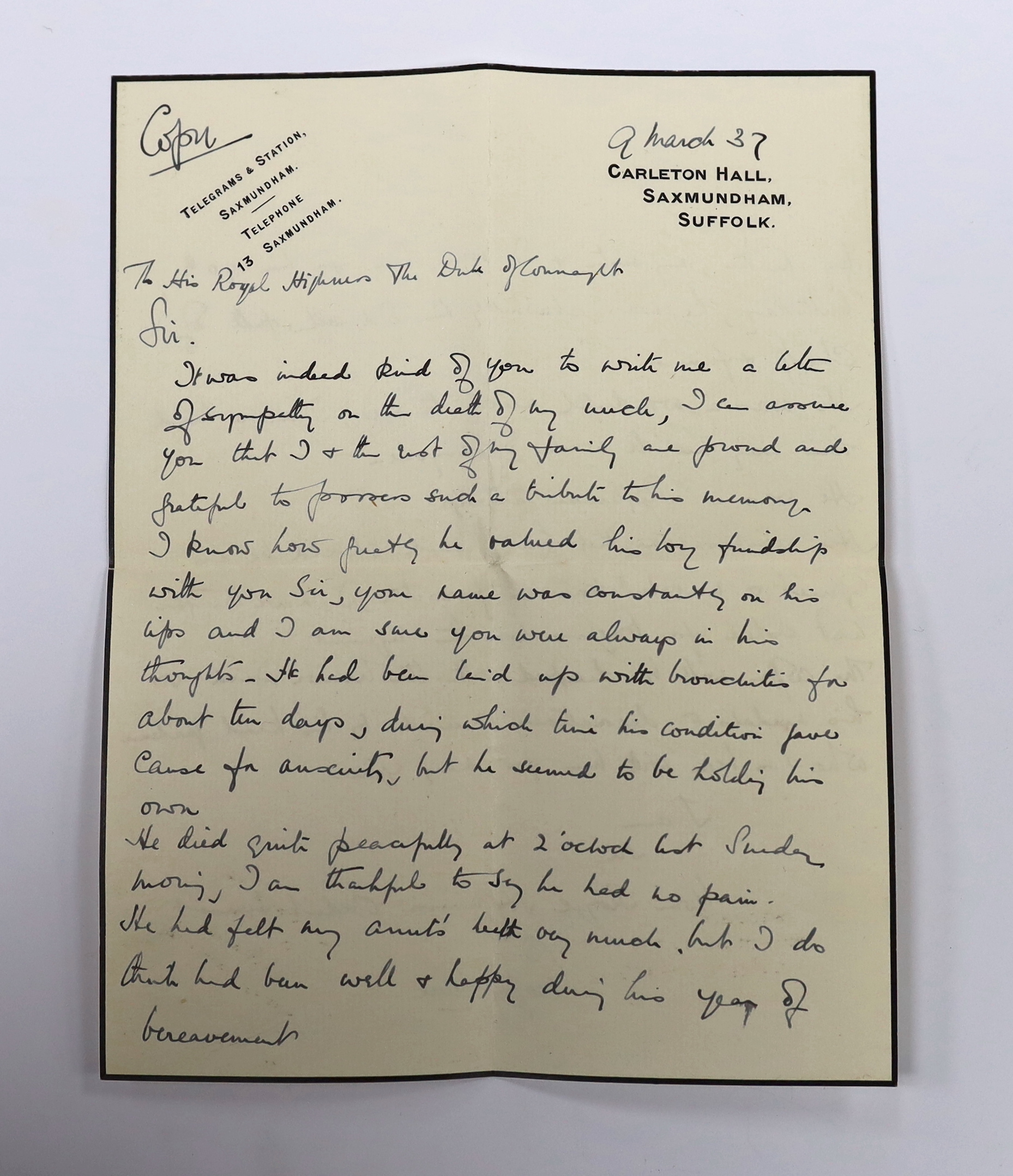 Churchill, Winston Leonard Spencer, (1874-1965) - A typed letter, addressed and signed in black ink, to Lt. Col. G.E.W. Lane: ‘’My dear Colonel Lane, In the pressure of events I have been unable to address myself to your